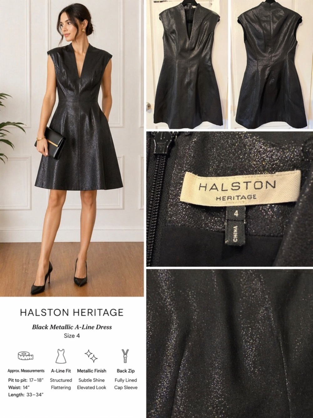 Halston Heritage Black Shimmer V-Neck Mini Dress Designer